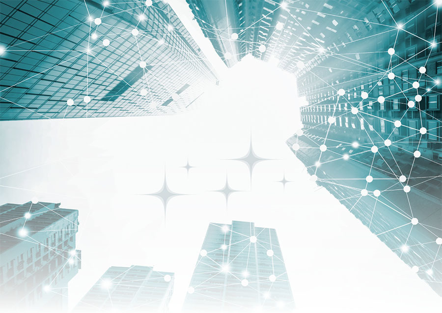 A view looking up at tall city buildings with a bright white sky, overlaid with a network of connected dots and lines, symbolizing digital connectivity and technology in an urban setting.