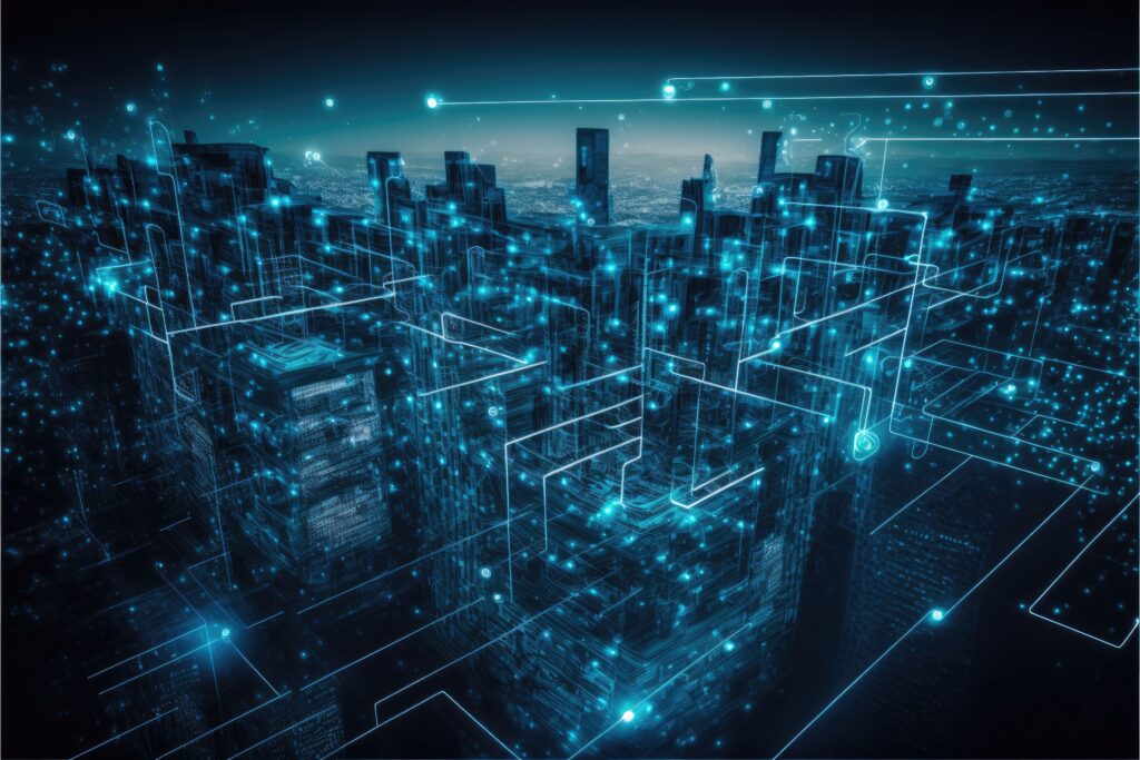 A futuristic cityscape at night is illuminated by glowing blue lights and digital lines, representing advanced technology and network connectivity integrated into the urban environment.