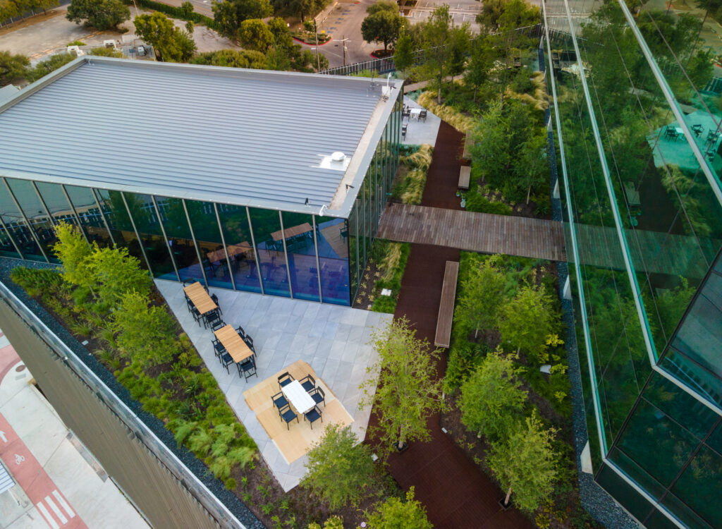 aerial shot of two interconnected office buildings