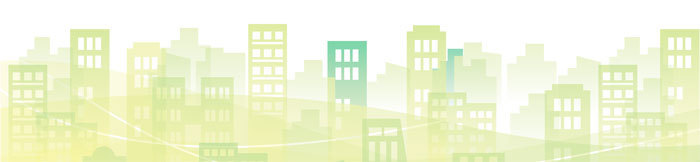 Stylized illustration of a city skyline with various green and yellow buildings, depicted in a soft, abstract manner with overlapping shapes and a white background.