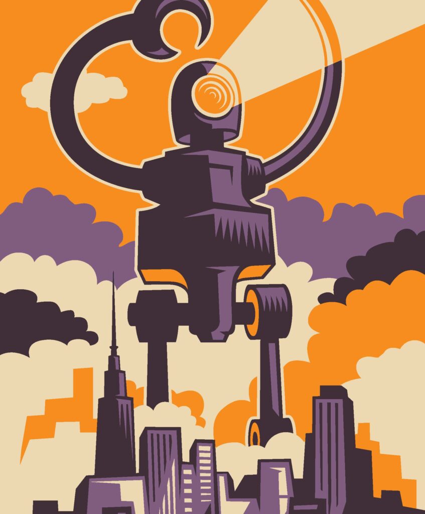 illustration of a large robot over the skyline