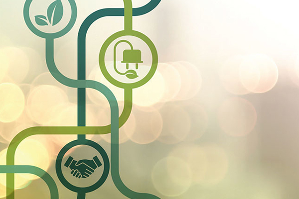 Abstract illustration with green lines connecting circular icons of a leaf, an electrical plug, and a handshake, symbolizing sustainability, clean energy, and partnership, against a light, blurred background.