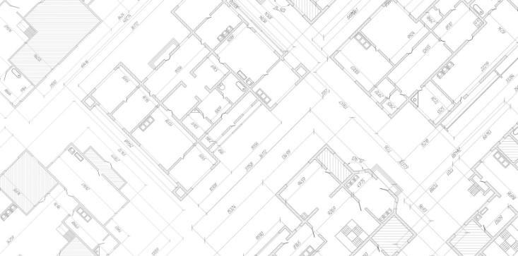 A seamless pattern of architectural floor plans with rooms, walls, doors, and measurements in light gray lines on a white background, arranged diagonally and overlapping.