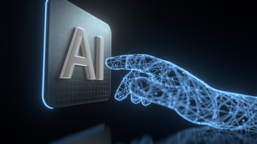 A digital hand touching a sign reading "AI"