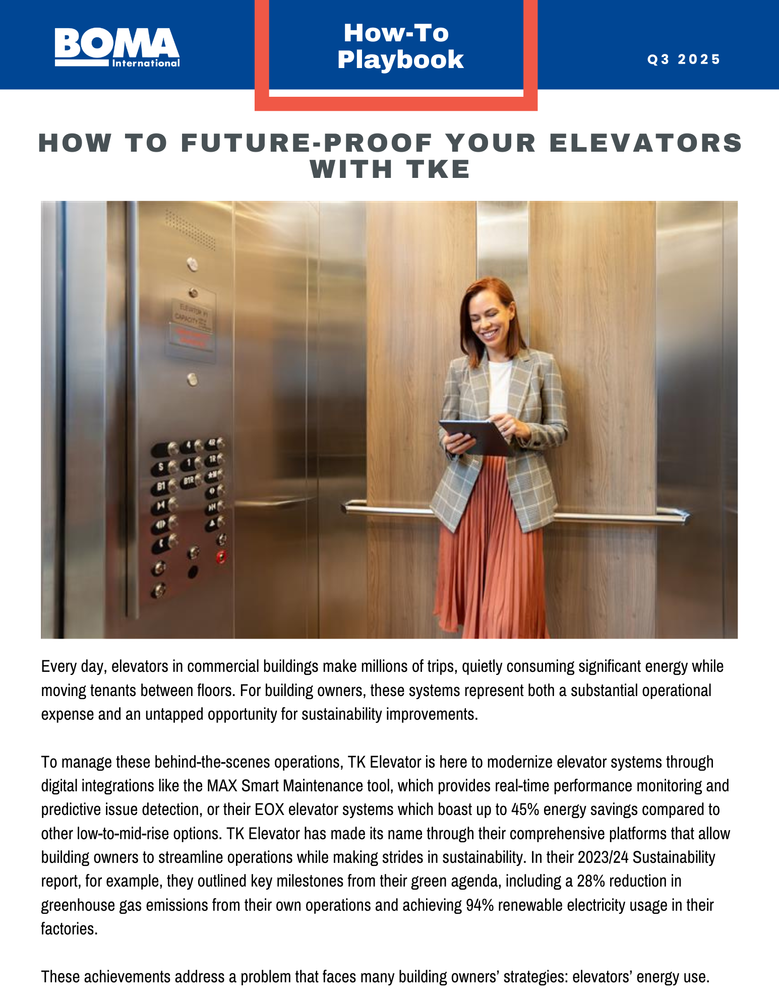 A smiling woman in business attire stands inside a modern elevator with metallic walls. The elevator panel beside her is lit up, and she holds a phone and documents. Text and graphics about elevator modernization fill the surrounding image.