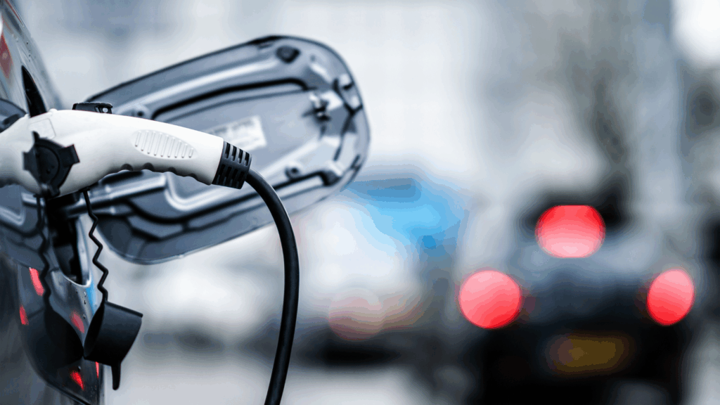 A close-up of an electric car being charged, with a charging cable plugged into the vehicle and city traffic blurred in the background.