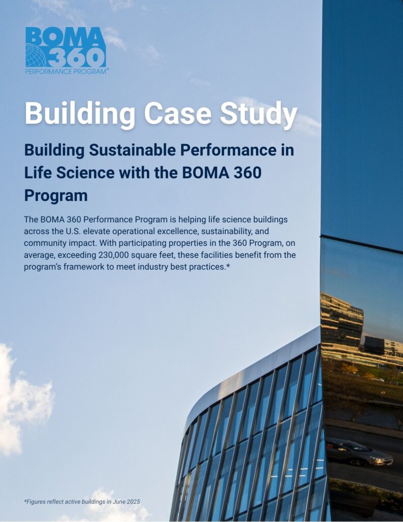 A modern glass office building set against a blue sky, with text discussing a case study on building sustainable performance in life science using the BOMA 360 Program.
