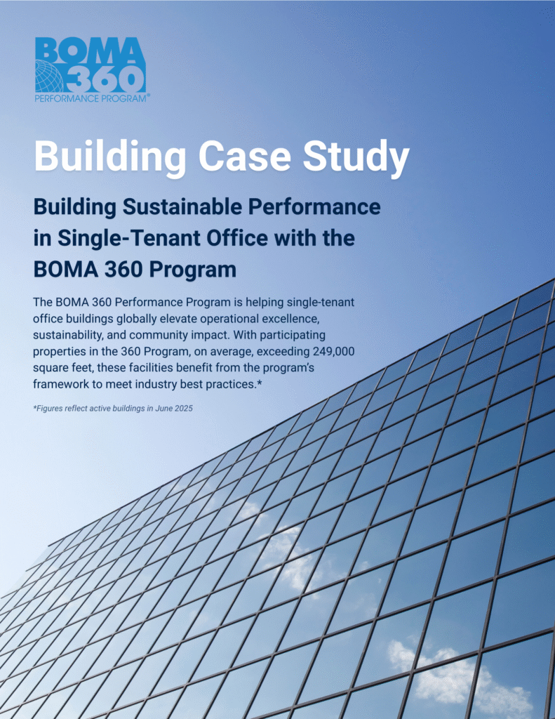 A glass office building reflects the blue sky and clouds. The image features text promoting a BOMA 360 case study about building sustainable performance in single-tenant offices.