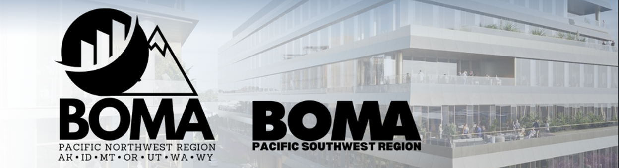 Logos for BOMA Pacific Northwest Region and BOMA Pacific Southwest Region are displayed in front of a modern office building. The Pacific Northwest logo includes mountain and city icons and lists state abbreviations.