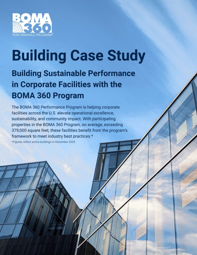 A modern glass office building is shown against a blue sky. Overlaid text highlights a case study about sustainable performance in corporate facilities through the BOMA 360 Program.