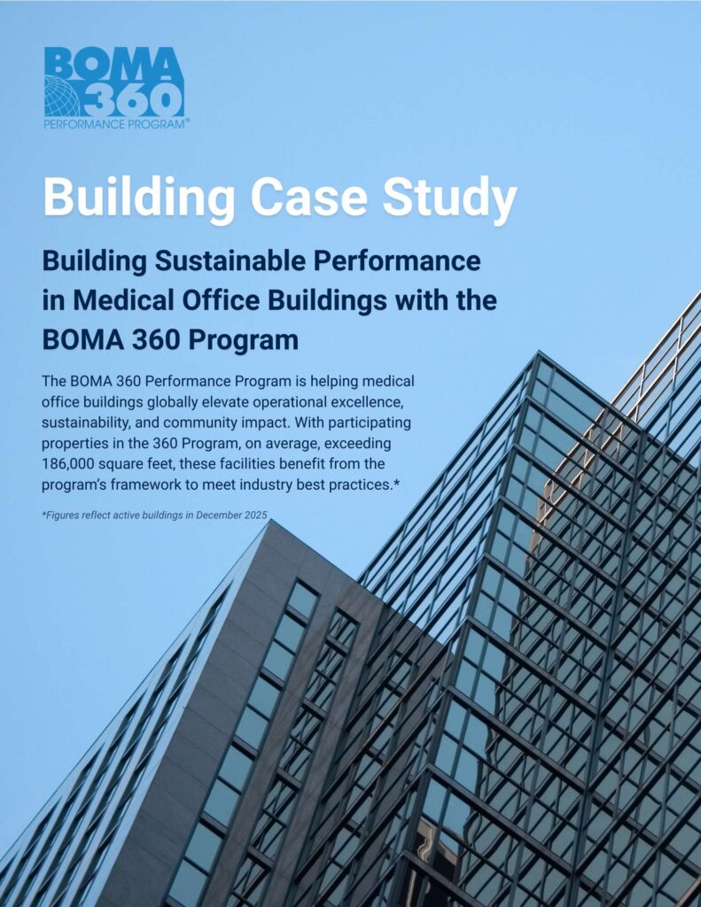 Cover page of a document titled Building Sustainable Performance in Medical Office Buildings with the BOMA 360 Program, featuring modern glass office buildings against a blue sky, with informational text about the BOMA 360 Performance Program.