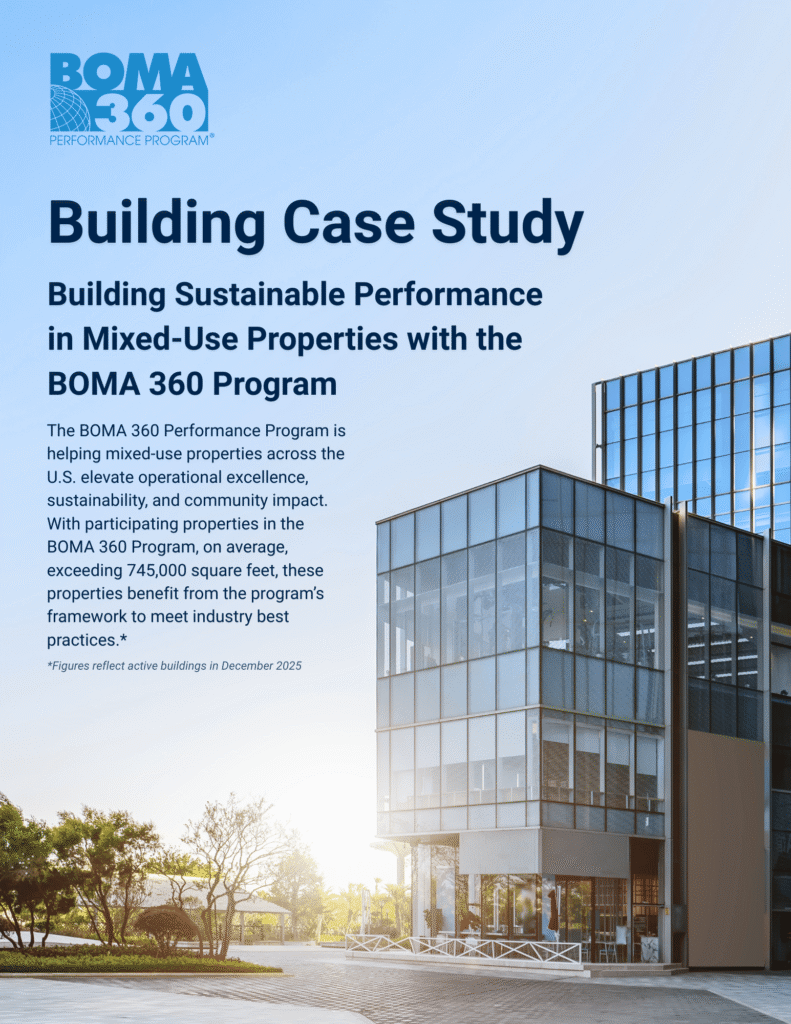 A modern glass building against a blue sky. Overlaid text reads: Building Case Study: Building Sustainable Performance in Mixed-Use Properties with the BOMA 360 Program. Additional program details are included.