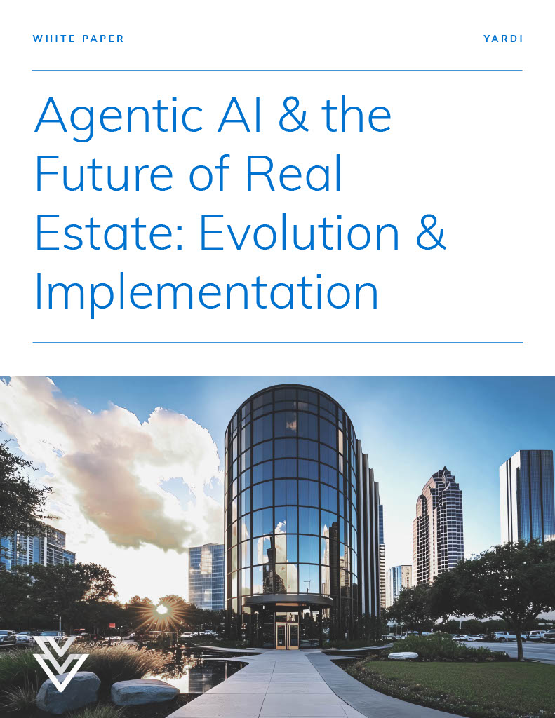 Cover of a white paper titled Agentic AI & the Future of Real Estate: Evolution & Implementation with a cityscape photo of a modern glass building reflecting nearby skyscrapers.