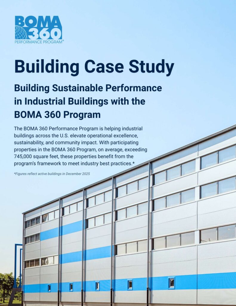 A modern industrial building with white and blue panels is shown under a clear blue sky. Text overlay reads “Building Case Study: Building Sustainable Performance in Industrial Buildings with the BOMA 360 Program.”.