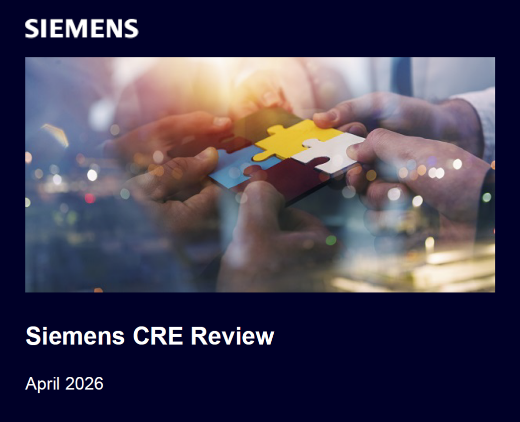 Four hands each hold a colorful puzzle piece, joining them together. The Siemens logo is at the top. Text below reads Siemens CRE Review, April 2026 on a dark background.