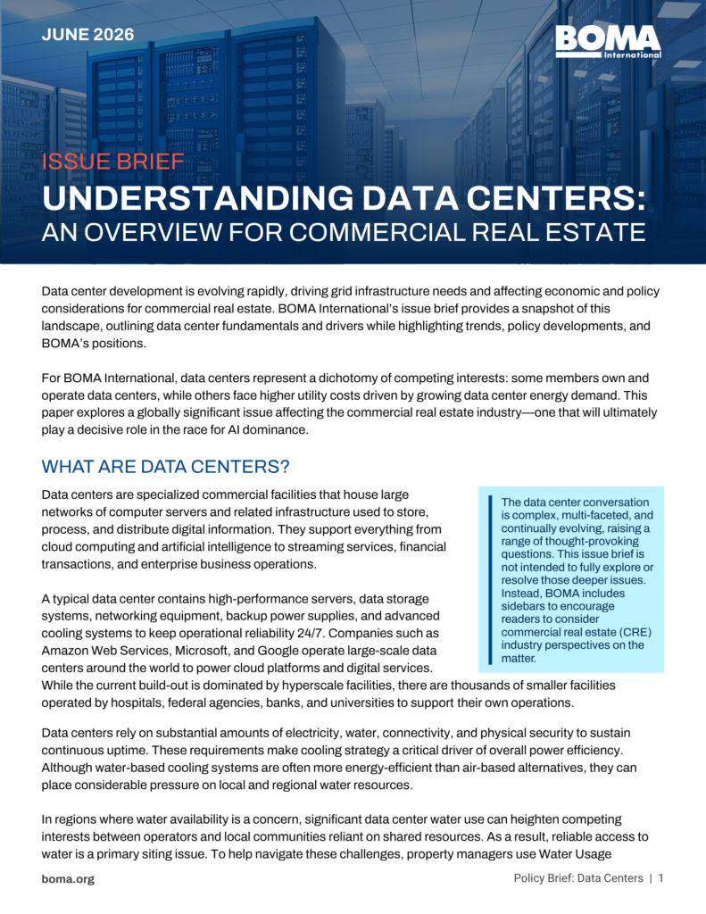 A policy brief page titled “Understanding Data Centers: An Overview for Commercial Real Estate” by BOMA International, featuring blue data servers in the background and text summarizing data centers importance and challenges.
