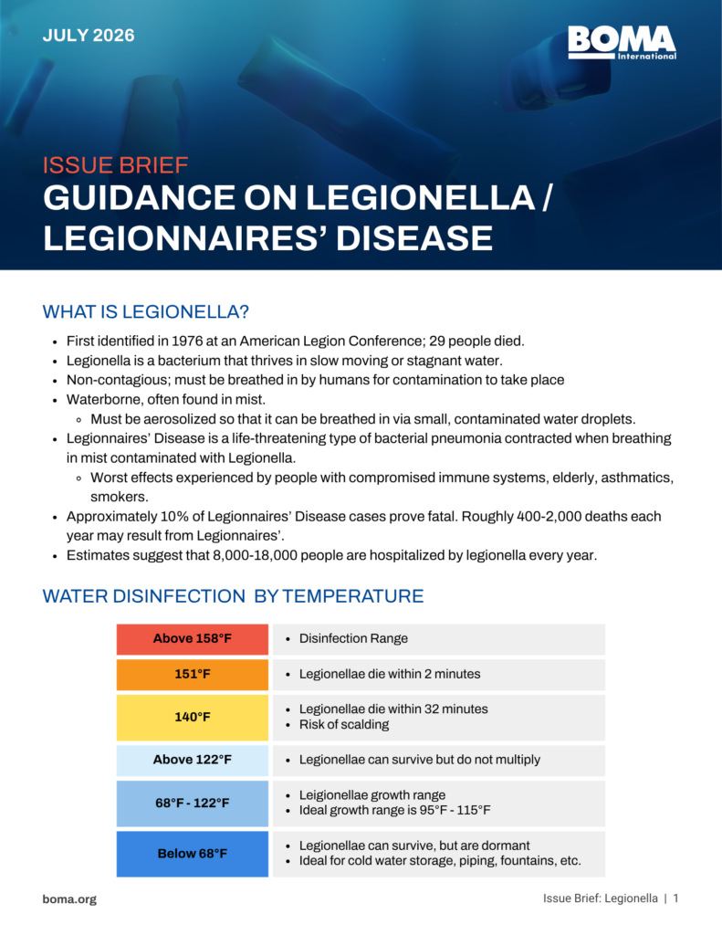 Infographic about Legionella bacteria, its risks, and water disinfection guidelines by temperature, with a chart showing how quickly Legionella is killed at 158°F, 151°F, and 140°F.