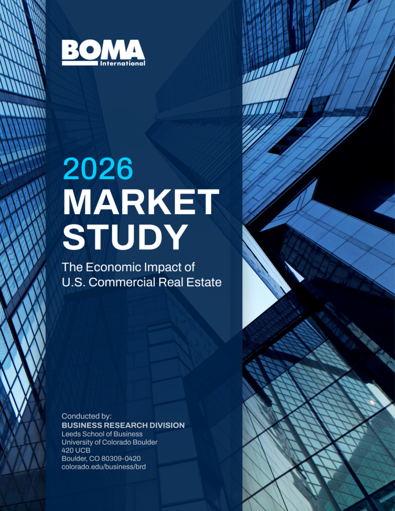 Cover of a 2026 market study report on U.S. commercial real estate, with blue skyscrapers reflecting in glass and white text overlay detailing the report title and publisher information.