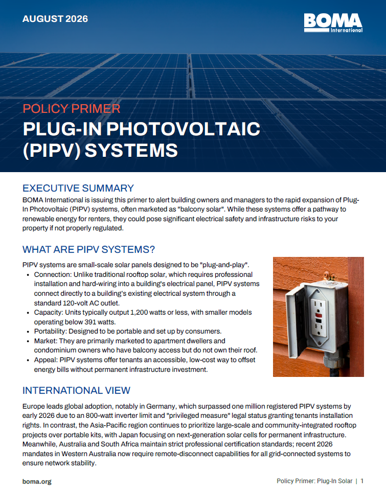 A policy primer document cover about Plug-in Photovoltaic (PIPV) Systems, featuring a photo of a small solar panel plugged into a standard indoor electrical outlet. Text discusses solar panel use and international regulations.